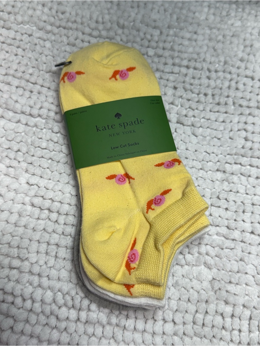Kate Spade Low Cut Socks 3 Pair Set Snail Print Yellow Gray White NWT